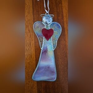 Stained Glass Angel Window Ornament with Red Heart